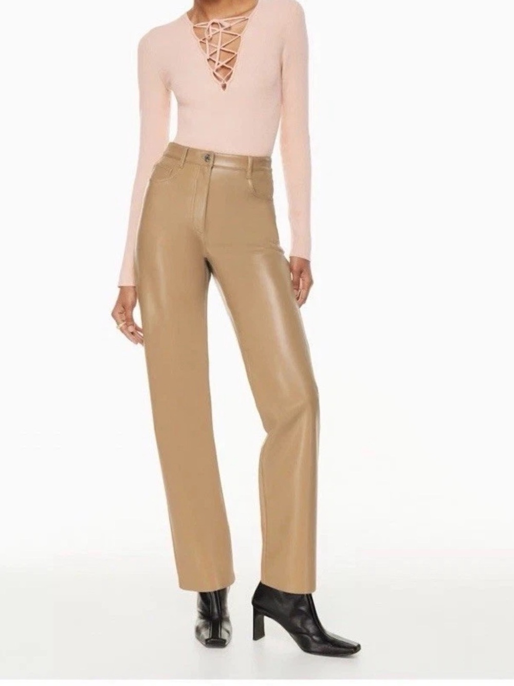 Aritzia High-Rise Straight Leg Faux Leather Jeans in Camel